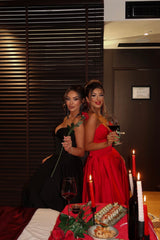 Scarlet Elegance Satin Maxi Dress