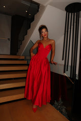 Scarlet Elegance Satin Maxi Dress
