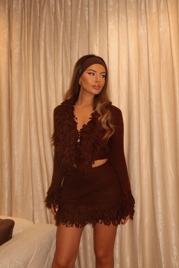 Fringe Sweater Cardigan Skirt Set