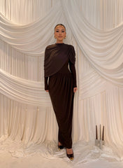 Cocoa Elegance Draped Maxi Dress