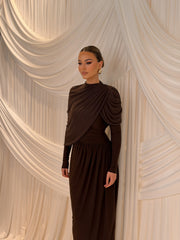 Cocoa Elegance Draped Maxi Dress