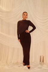 Cocoa Elegance Draped Maxi Dress